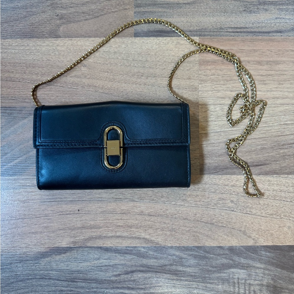 Fossil Black Clutch with Gold Chain